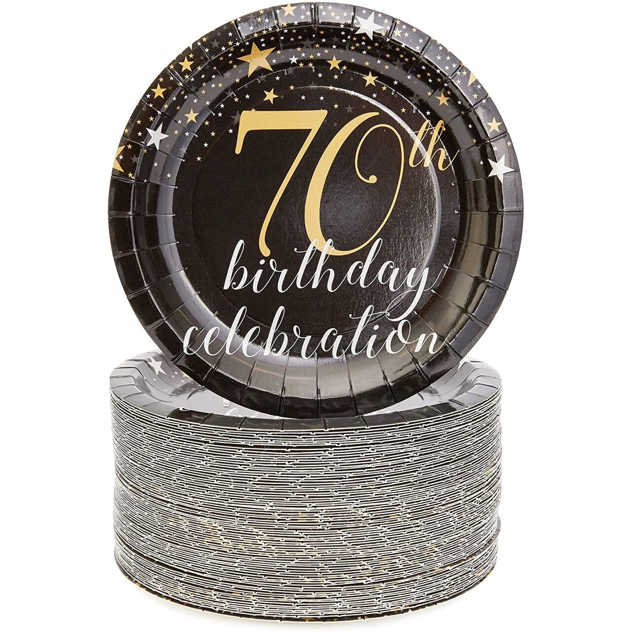 80-Count 70th Birthday Celebration Disposable Paper Plates 7 inches Black Party Supplies